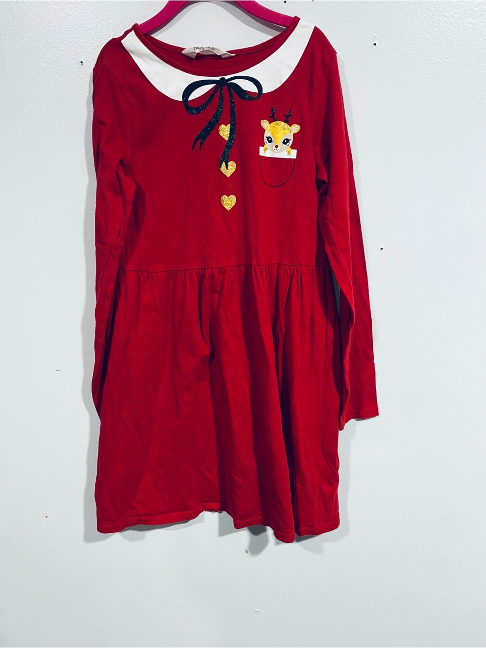 H&M Red Long-Sleeve Dress with White Collar and Deer Pocket size 8-10